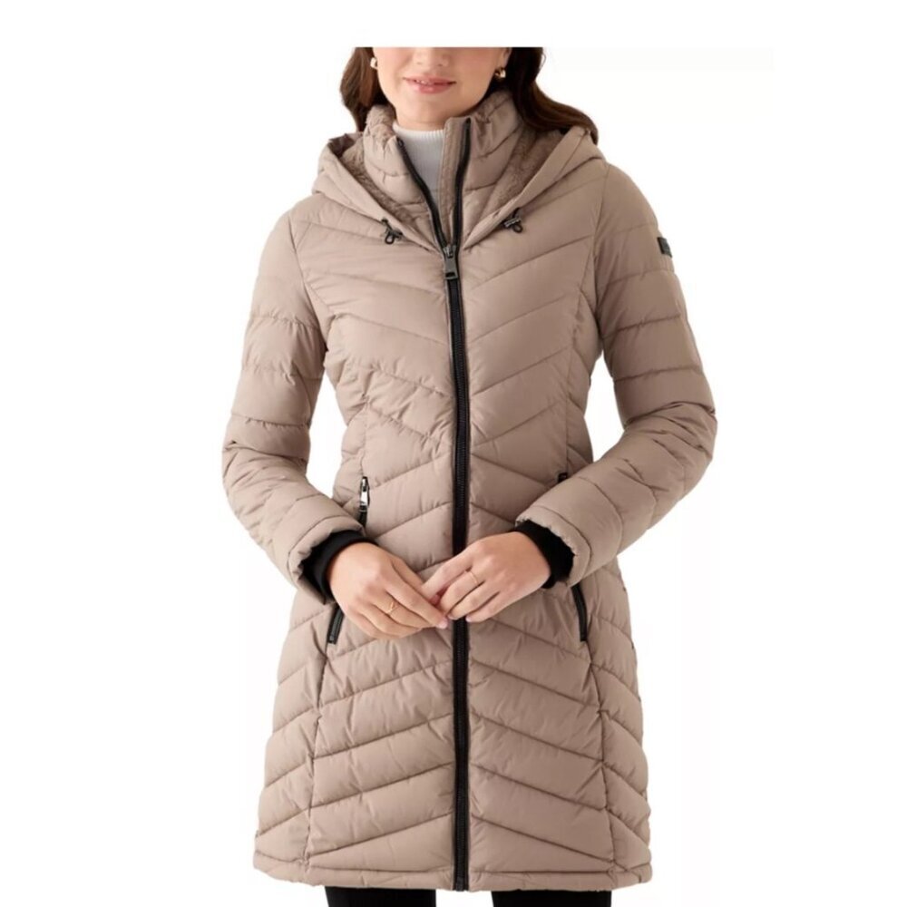 DKNY Women's 3/4 Lightweight Double Placket PU Puffer Coat size S NWT